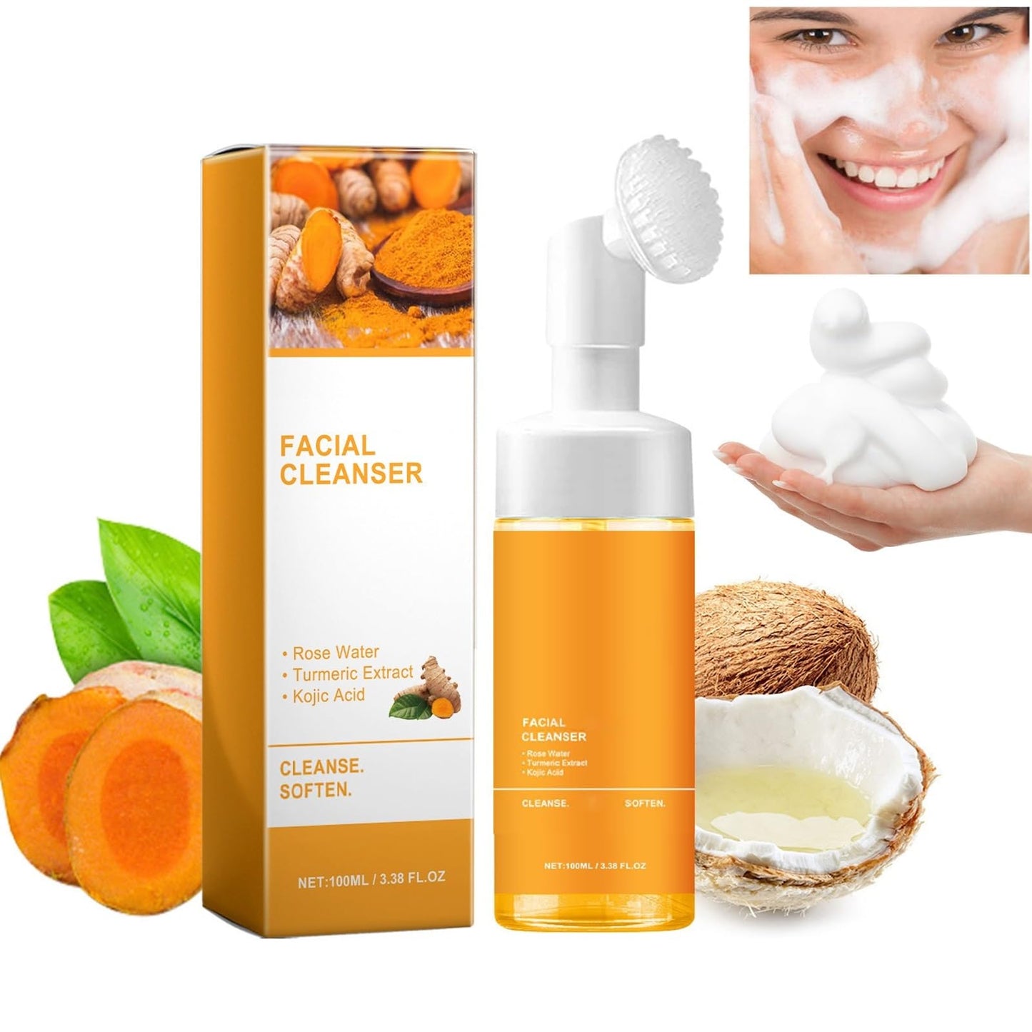 2 Pcs Turmeric Facial Cleanser, Glow Wash Turmeric Face Wash With Brush, Deep Cleansing Exfoliating for Women All Skin.
