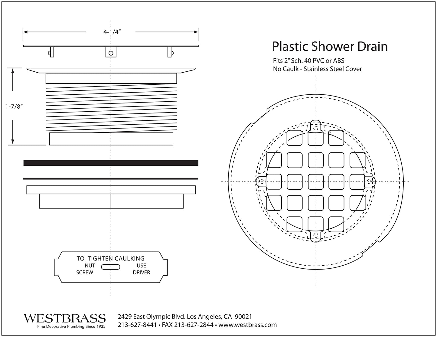 Westbrass A206P-62 2" No-Caulk PVC Compression Shower Drain with 4-1/4" Round Grid Cover, Matte Black