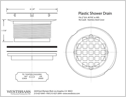 Westbrass A206P-62 2" No-Caulk PVC Compression Shower Drain with 4-1/4" Round Grid Cover, Matte Black