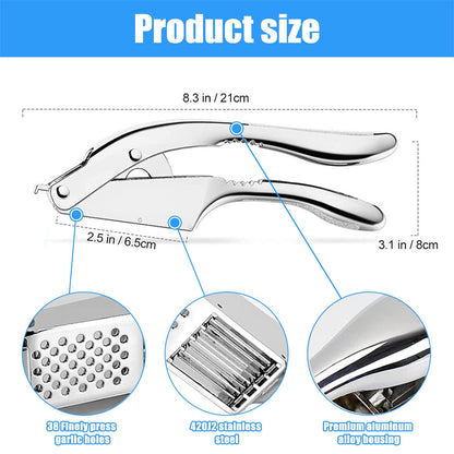 2-in-1 Garlic Cutter Stainless Steel Garlic Press with Ergonomic Non-Slip Handle for Fresh Garlic Ginger Nut Easy to Use & Clean