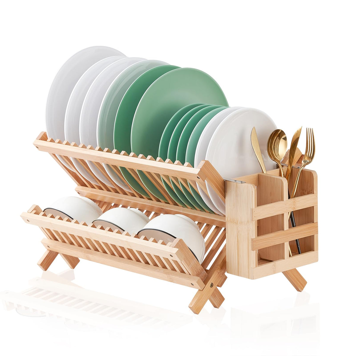Worthyeah Bamboo Dish Drying Rack, 2 Tier Collapsible Dish Rack with Utensil Holder, Wooden Dish Drying Rack for Kitchen Counter, Large Folding Drying Holder, Dish Drainer 34 pcs Grid