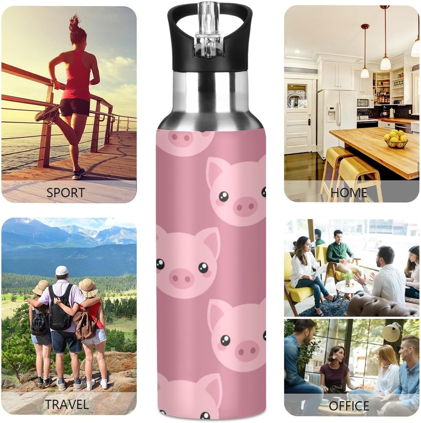 ZZKKO 32oz Stainless Steel Water Bottle with Straw, Cartoon Cute Pig Thermos for Kids
