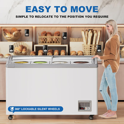 13.5 Cu.Ft Commercial Ice Cream Display Freezer, 51" Gelato Dipping Cabinet with 8 Large 3 Gallon Tubs, Top Open Chest Freezer for Restaurant, Ice Cream Shop, White