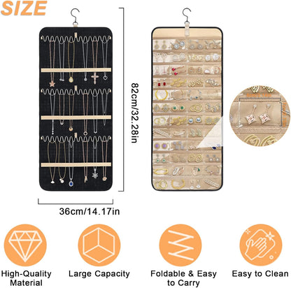 Hanging Jewelry Organizer - Double Sided with 32/48 Pockets, 14/21 Hook Loops, Foldable Travel Jewelry Roll