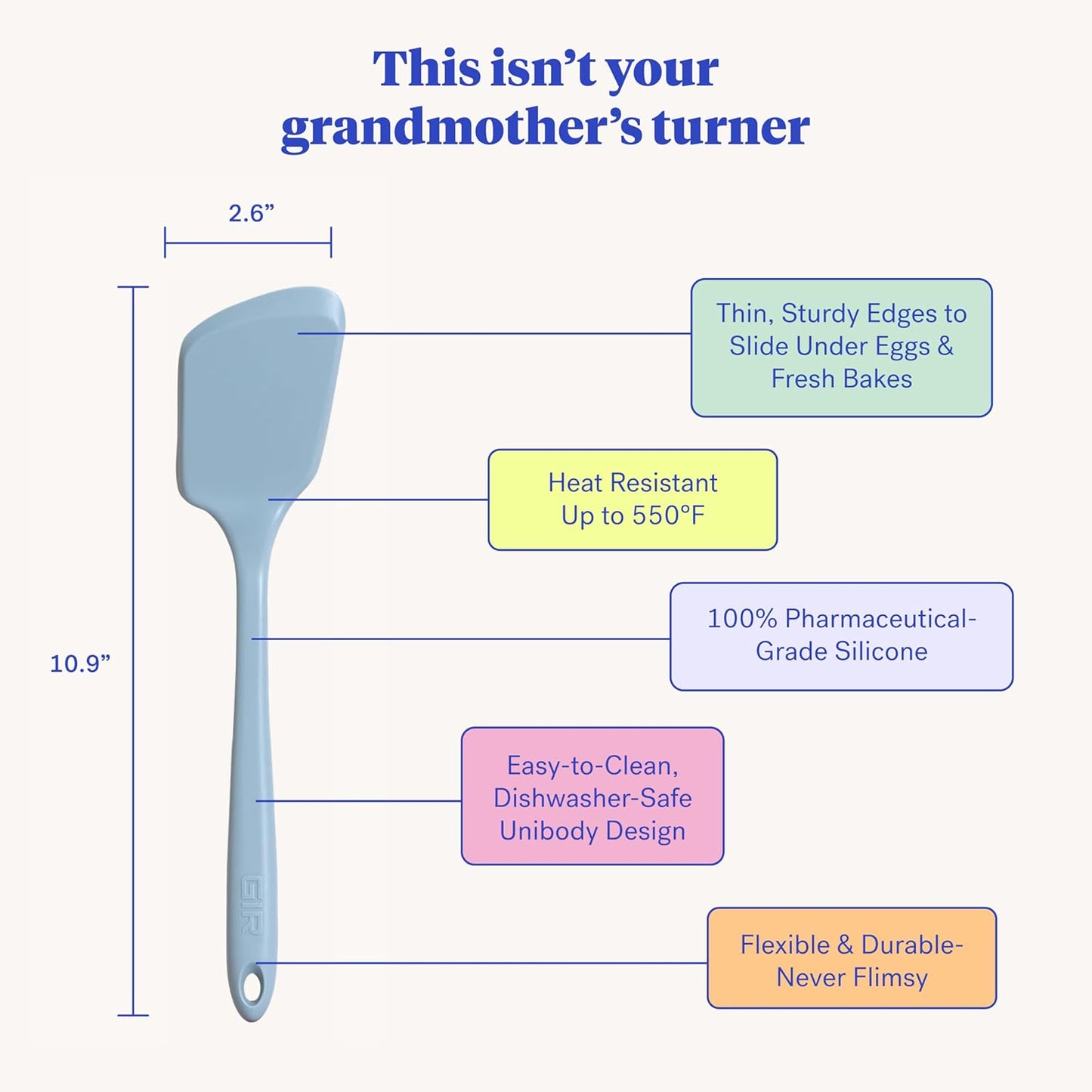 GIR: Get It Right Silicone Cooking Spatula Turner, Mini 11-In Slate, One-Piece Design & Heat-Resistant up to 425°F,