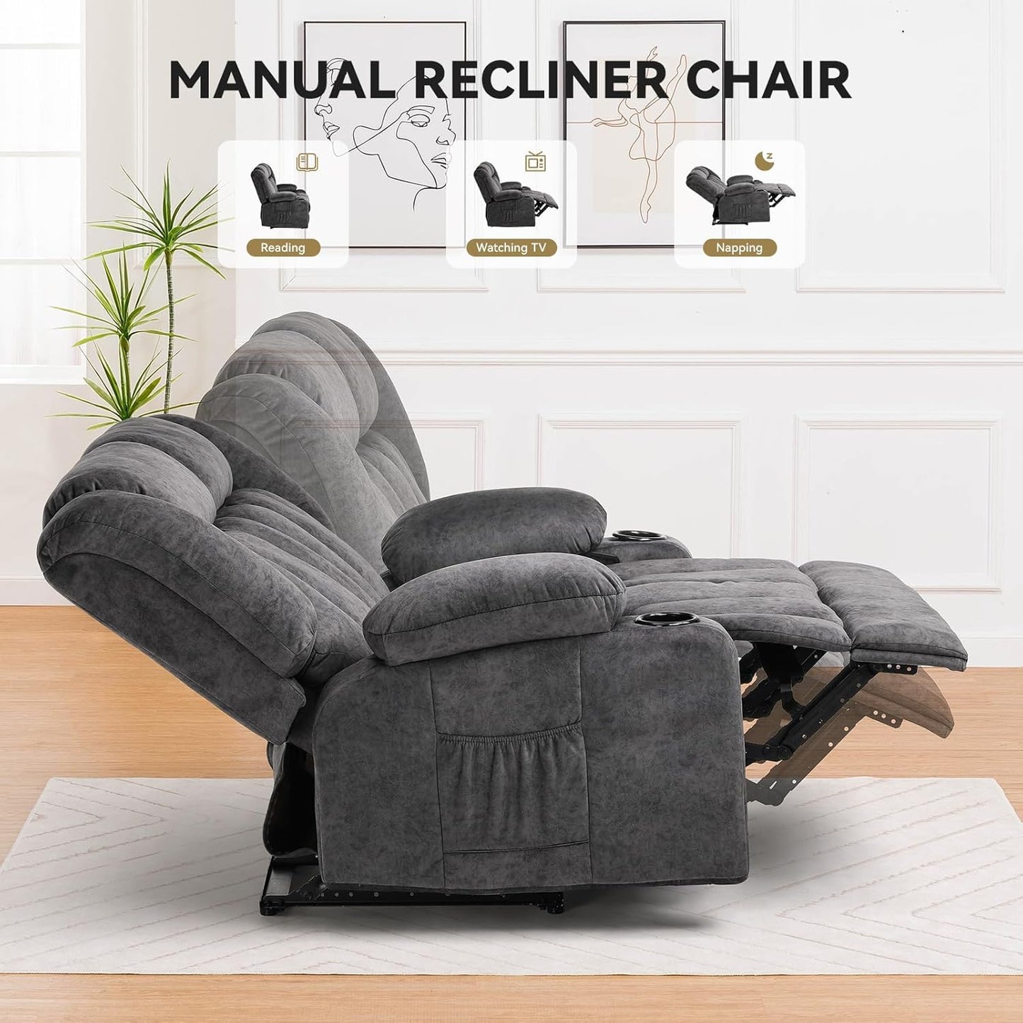 COMHOMA Living Room Furniture Sets Manual Loveseat Recliner,2 Seat Fabric RV Reclining Sofa,Daul Recliner Ergonomic Backrest with Cup Holders & Side Pockets,Dark Gray (Loveseat*3)