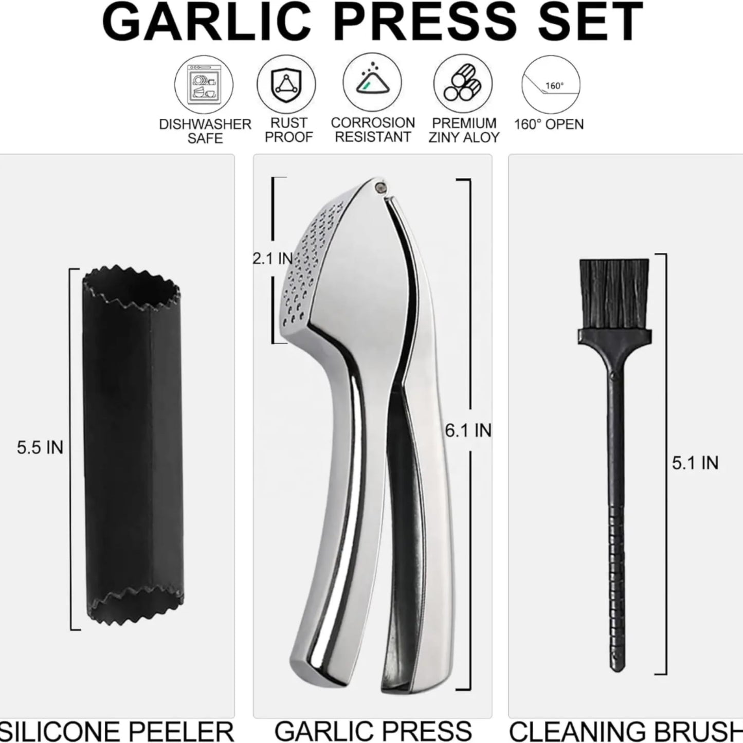 Garlic Press, Garlic Peeler and Cleaning Brush as 1 Set, Heavy Duty and Rust Proof Garlic Press Made of 304 Stainless Steel for Home and Kitchen Tools, Easy to Use & Dishwasher Safe