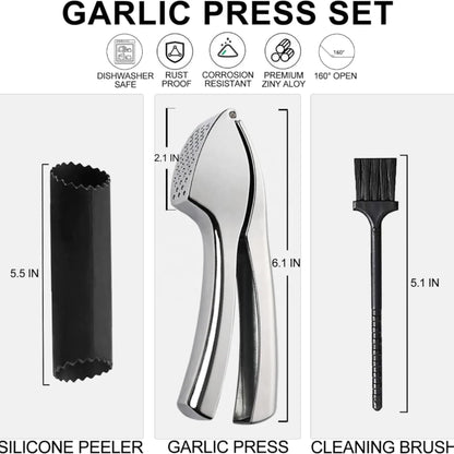 Garlic Press, Garlic Peeler and Cleaning Brush as 1 Set, Heavy Duty and Rust Proof Garlic Press Made of 304 Stainless Steel for Home and Kitchen Tools, Easy to Use & Dishwasher Safe