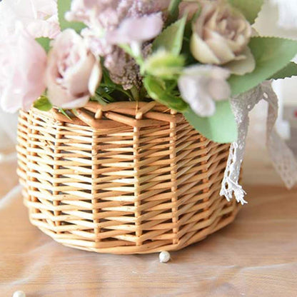ASSR 2PCS Woven Storage Basket with Handle and Ribbon, Wicker Rattan Flower Girl Baskets for Wedding, Home Garden Decor