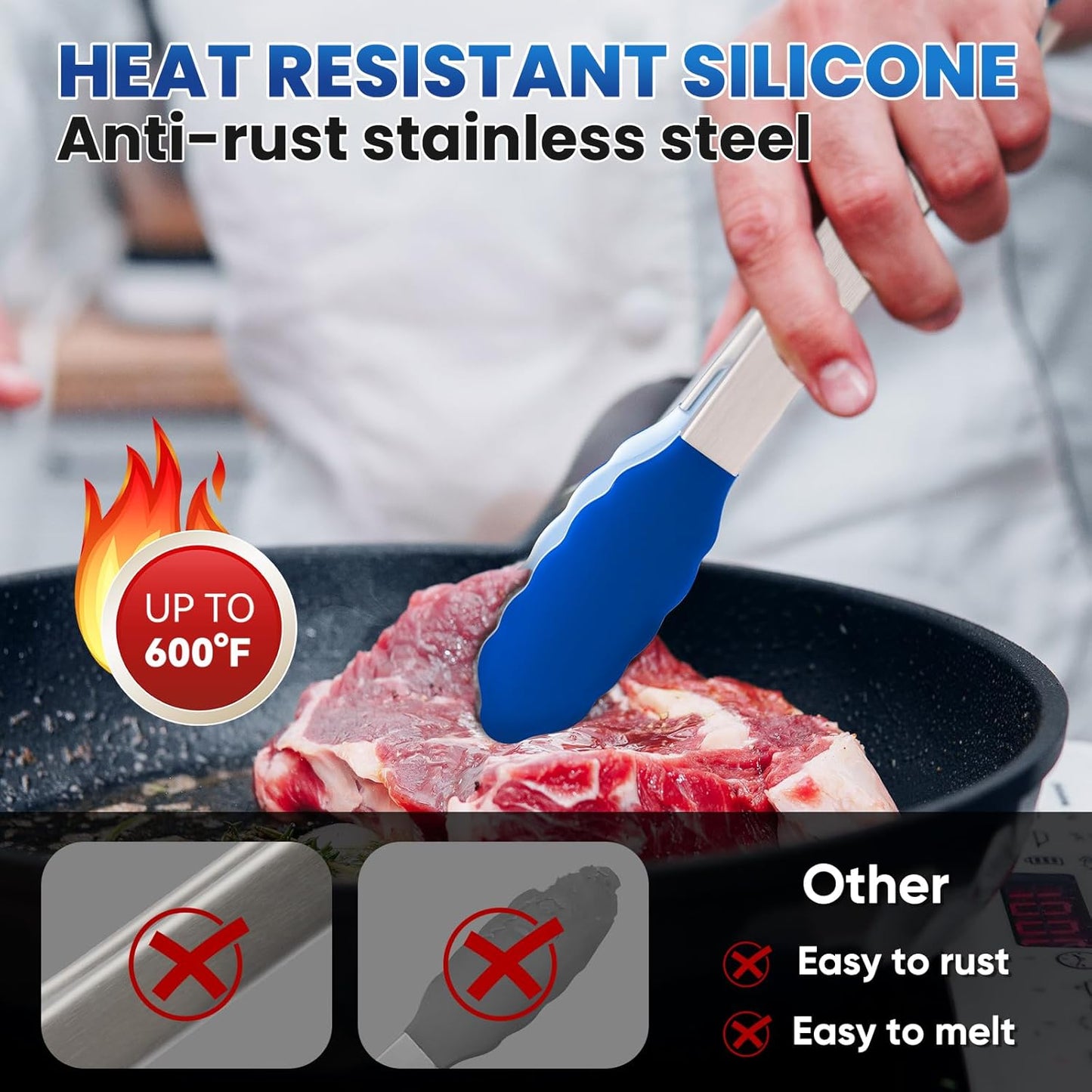 600 Heat Resistant Kitchen Tongs, 12-Inch Stainless Steel Locking Food Tongs for BBQ, Cooking, Salad, and Serving