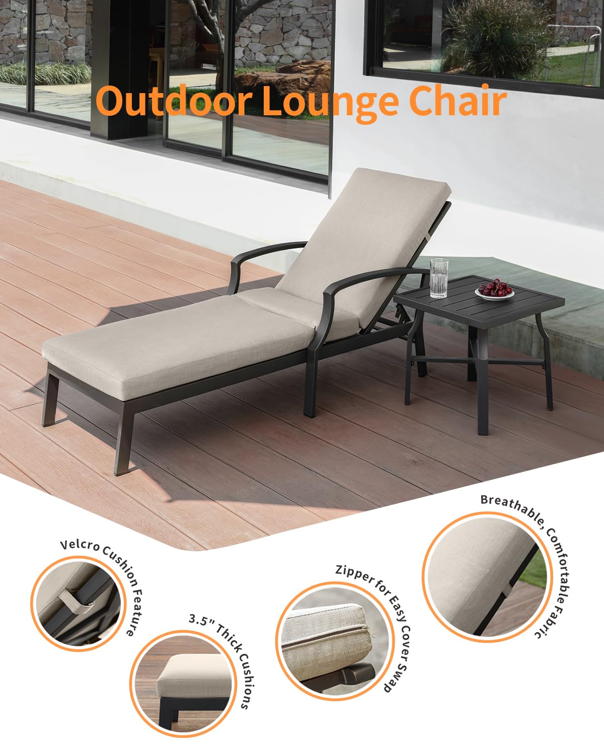 SEEHILL 2 Pieces Lounge Chair Set, Outdoor Chaise Lounge Set, Never-Rust Aluminum Pool Lounge Set with Gray Cushion, 6-Position Adjustable Patio Chaise with Outdoor Side Table for Poolside, Gunmetal