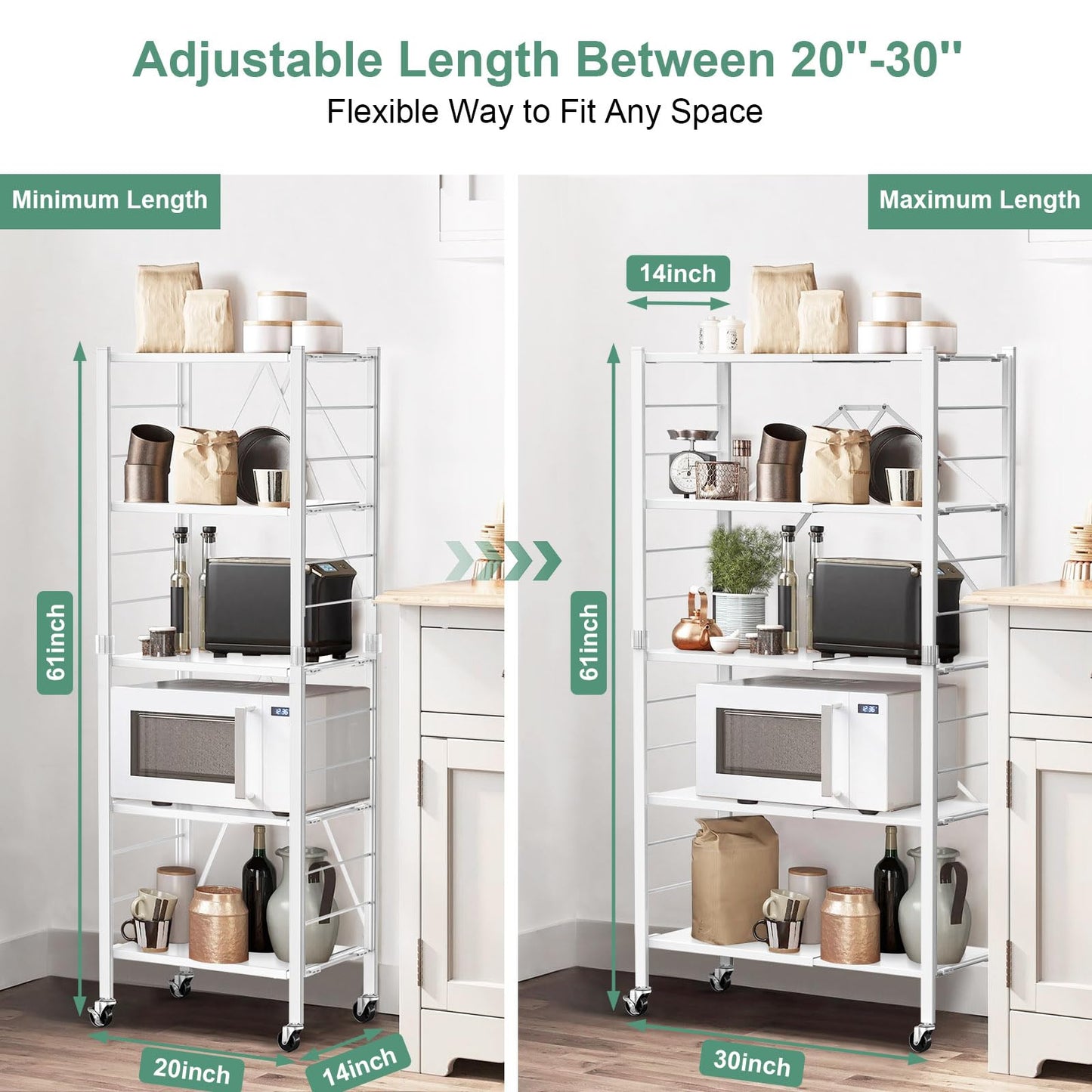Himix 5 Tier Foldable Storage Shelves, Expandable Folding Pantry Shelf with Wheels, Changeable into 2 Shelf Units, Collapsible Storage Rack Metal Shelves for Kitchen, Room, Garage, White