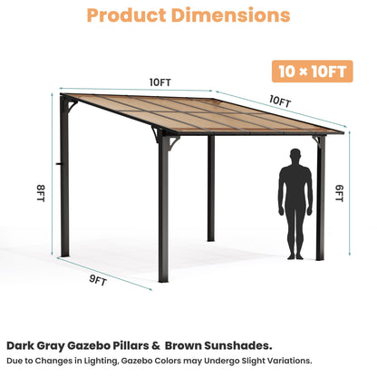Pamapic 10x10FT Wall Mounted Gazebo, Hardtop Lean to Gazebo with Aluminum Frame & UV Resistant Polycarbonate Roof, Outdoor Patio Awning for Deck, Porch, Lawn & Backyard