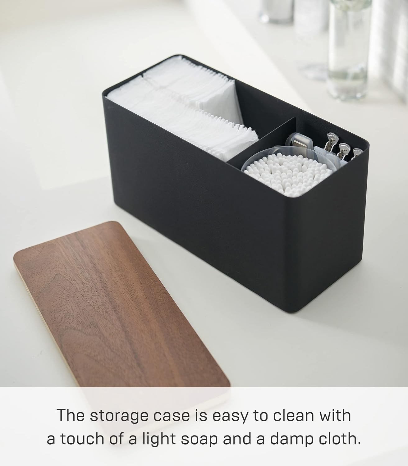 YAMAZAKI Countertop Organizer, Steel + Wood Storage Case, One Size, Black