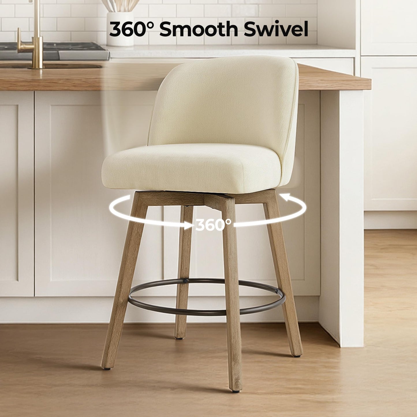 CHITA Modern Swivel Counter Height Bar Stools Set of 2, 26" Upholstered Counter Stools, Solid Wood Legs, Comfortable Cushioned Seat, Cream Fabric
