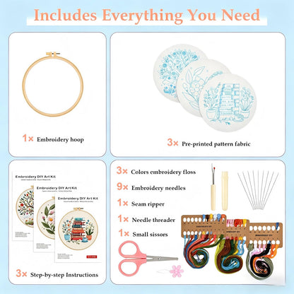 FEIYUENO Beginner Embroidery Kit for Adults, 3-Pack Easy Needlepoint Starter Kits with Pre-Stamped Book Embroidery Patterns, 7.8" Hoop, Floss & Needles, Step-by-Step Guide (Book Tree)