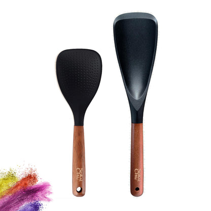 SoKalChw Spatula Spoon and Rice Spoons with Wooden Handle, Food Grade Silicone Great for Cooking, Mixing, Scooper, Scrape, Non stick Heat Resistant (black, Rice set 2 pcs)