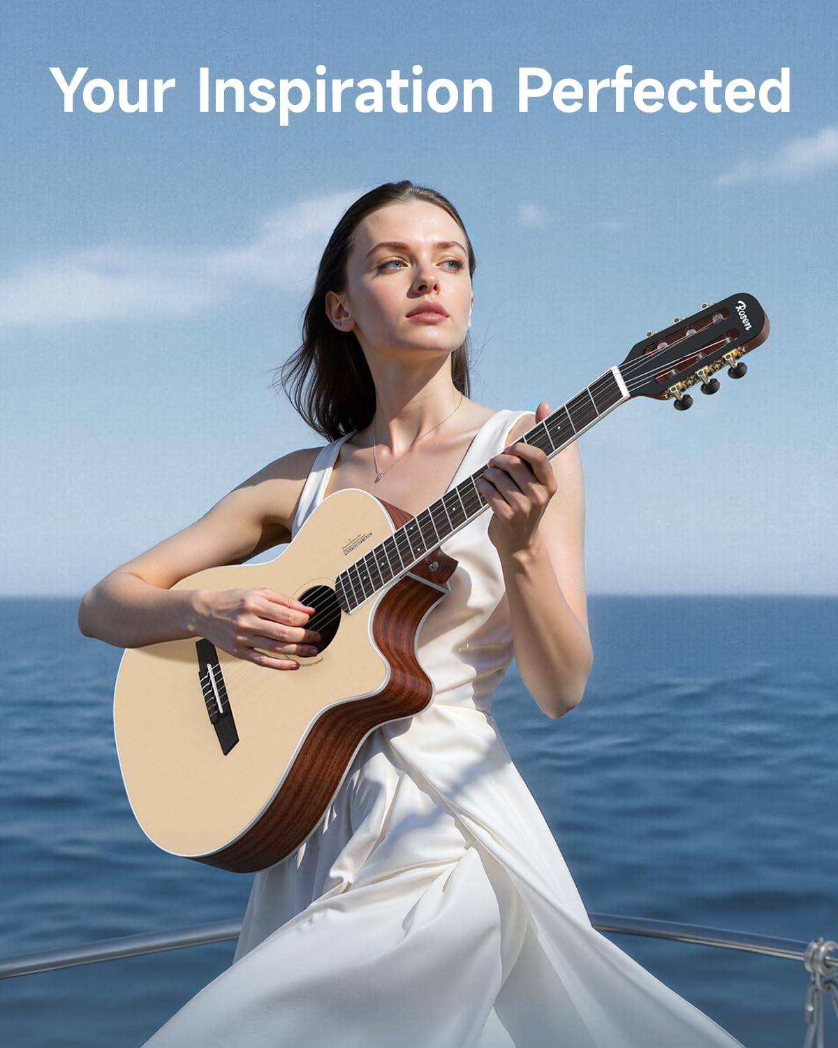 Rosen V1 Hybrid Acoustic Guitar for Beginners Adults Patented Body with Solid Spruce Top & Soft Touch Strings Thin Neck & Open Pore Matte 40 Inch,Natural