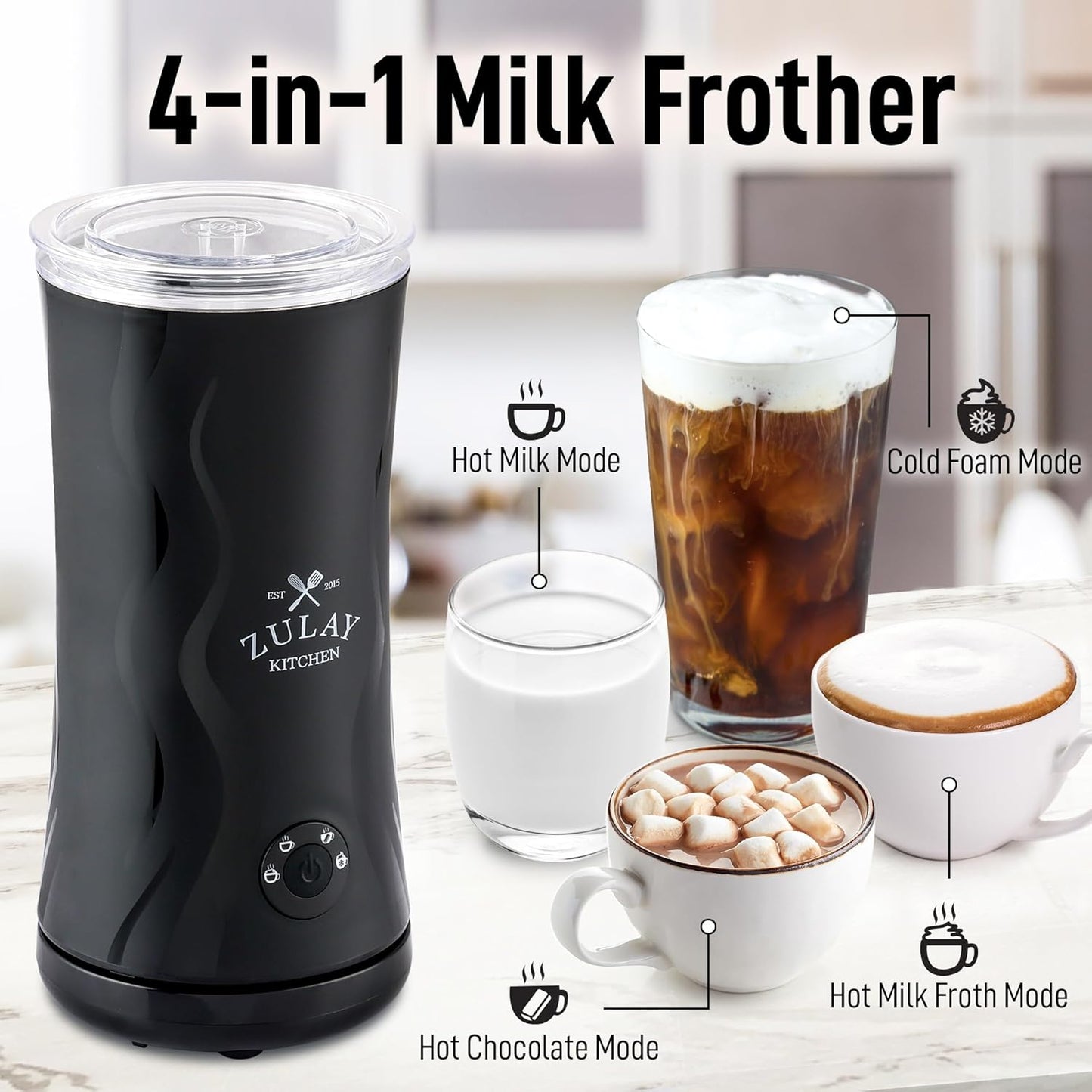 Zulay 4-in-1 Milk Frother and Steamer - Automatic Hot and Cold Foam Maker with Auto Shut Off & Temperature Control for