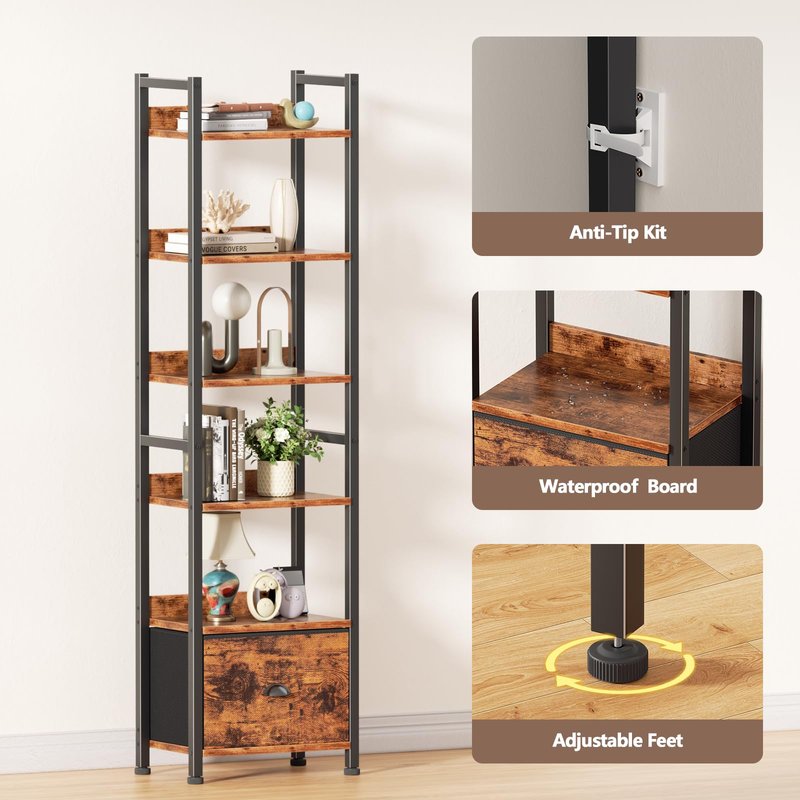 Furologee 6 Tier Bookshelf, Tall Shelf with Drawer, Wood and Metal Bookshelves Storage Organizer, Industrial Display Shelving Unit for Bedroom, Living Room, Home Office, Rustic Brown