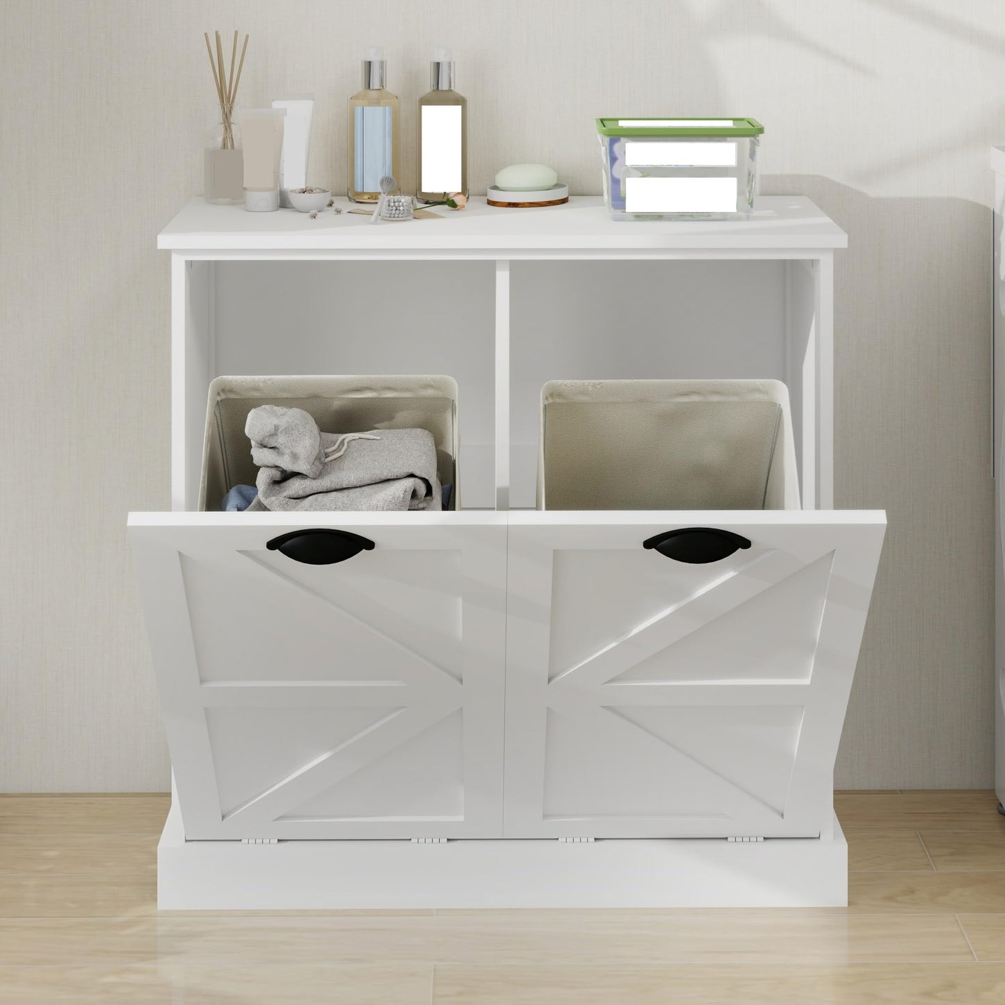 Modern Contemporary Laundry Sorter Cabinet, Two-Compartment Tilt-Out, for Bathroom Living Room Hallway
