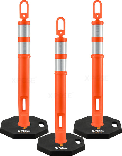 Xpose Safety 45" Orange Delineator Posts with Base, 3-Pack – Ring Top, 10" Reflective Band, 13 lb Rubber Base – Traffic, Parking, Construction, Events