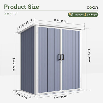 Aoxun 5 x 3 FT Outdoor Storage Shed, Resin Shed with Floor & Lockable Doors, Small Garden Shed Waterproof Plastic Tool Shed with Sloped Roof for Backyard, Garden, Patio, Lawn, Grey