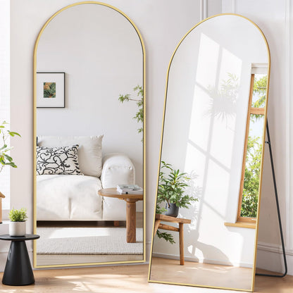 Full Length Mirror 71"x26" Full Body Mirror Arched Free Standing Wall Mounted Leaning Floor Mirrors with Stand Aluminum Alloy Frame for Bedroom Cloakroom, Gold