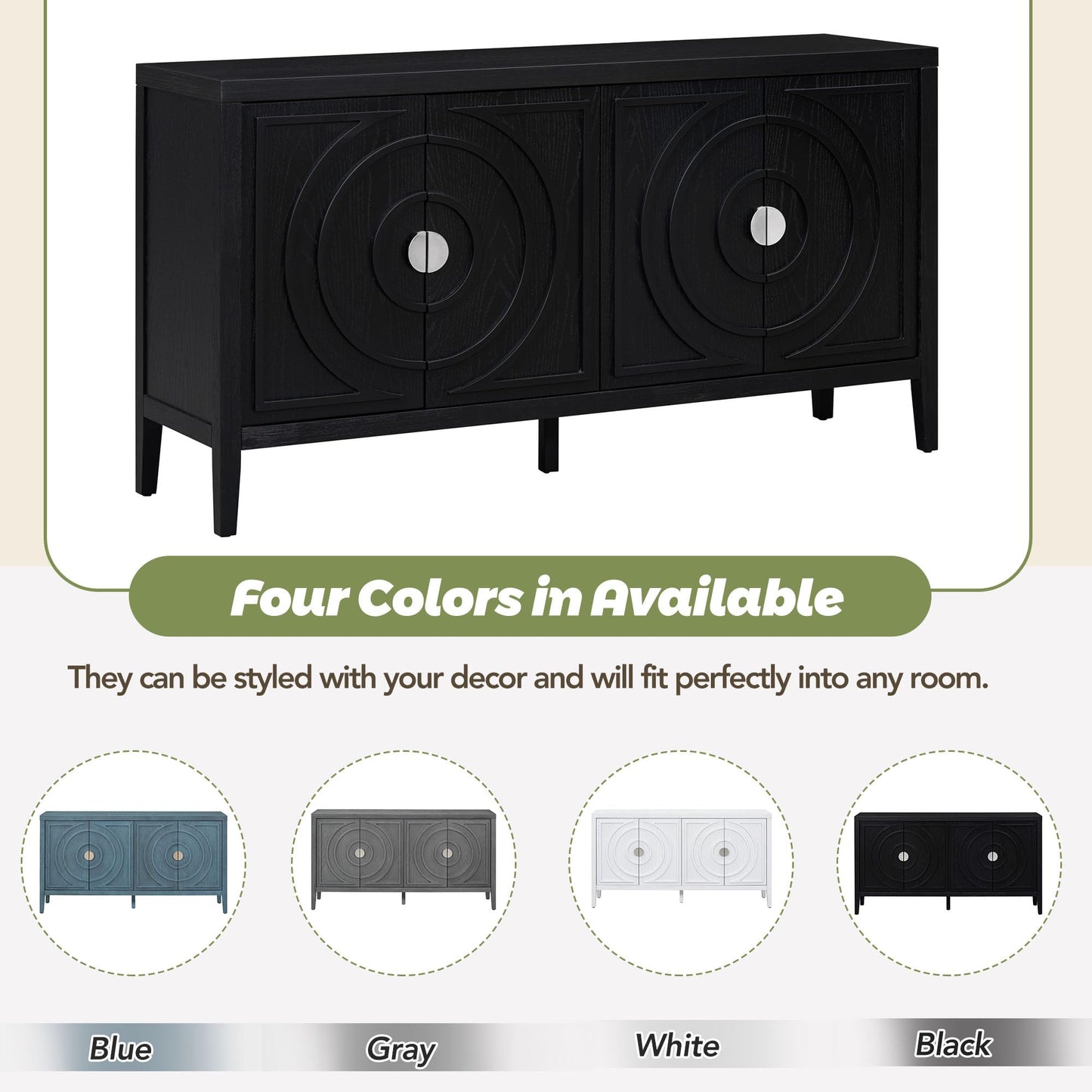 Jintop Retro Sideboard with Circular Groove Design Round Metal Door Handle,Wooden Buffet Cabinet,W/Adjustable Shelves & Open Countertop,for Entrance Living Dinning Room,Black