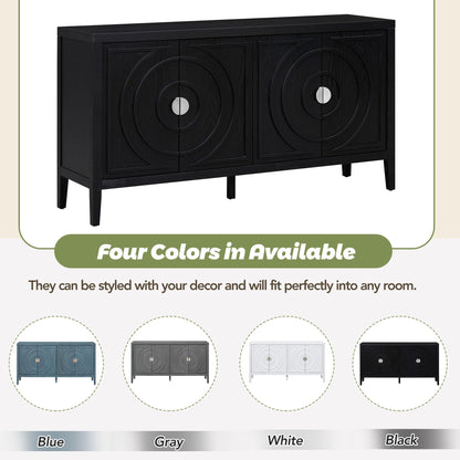 Jintop Retro Sideboard with Circular Groove Design Round Metal Door Handle,Wooden Buffet Cabinet,W/Adjustable Shelves & Open Countertop,for Entrance Living Dinning Room,Black