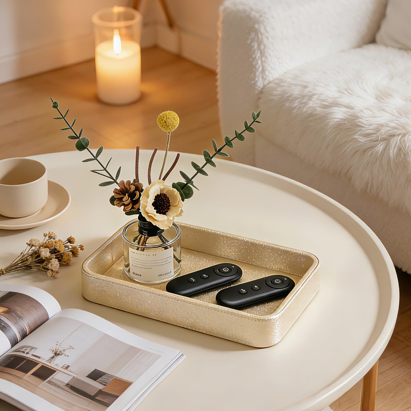 GORESE Gold Perfume Tray, Decorative PU Leather Jewelry Tray for Dresser and Nightstand Organizer, Catch-All Vanity Tray for Purse Bowl, Trinket, Key & Daily Essentials, Luxury Gift for Women