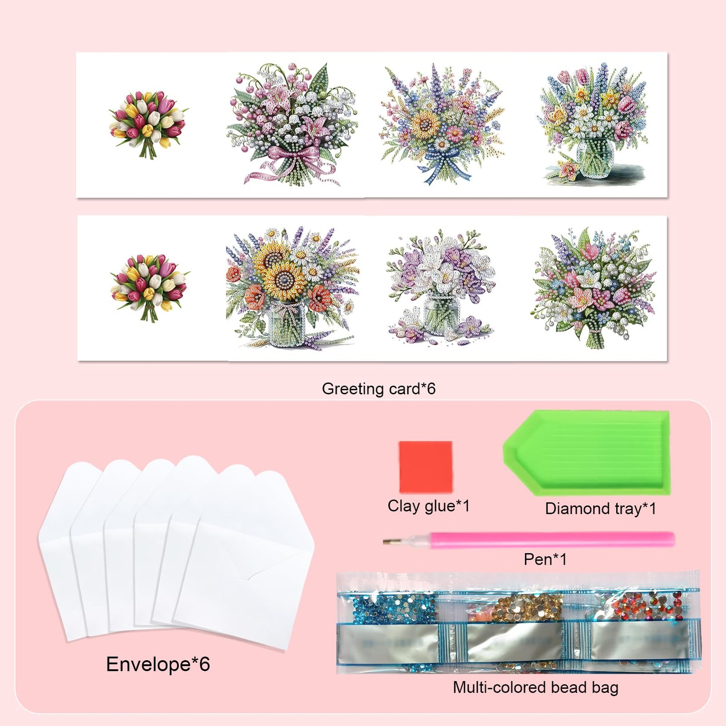 SHEGZHUC 6 Pack Diamond Painting Gift Card Diamond Art Kits for Adults Birthday Wedding Anniversary Greeting Get Well Congratulations Thank You Cards with Envelopes || Flowers in Vase Bouquets