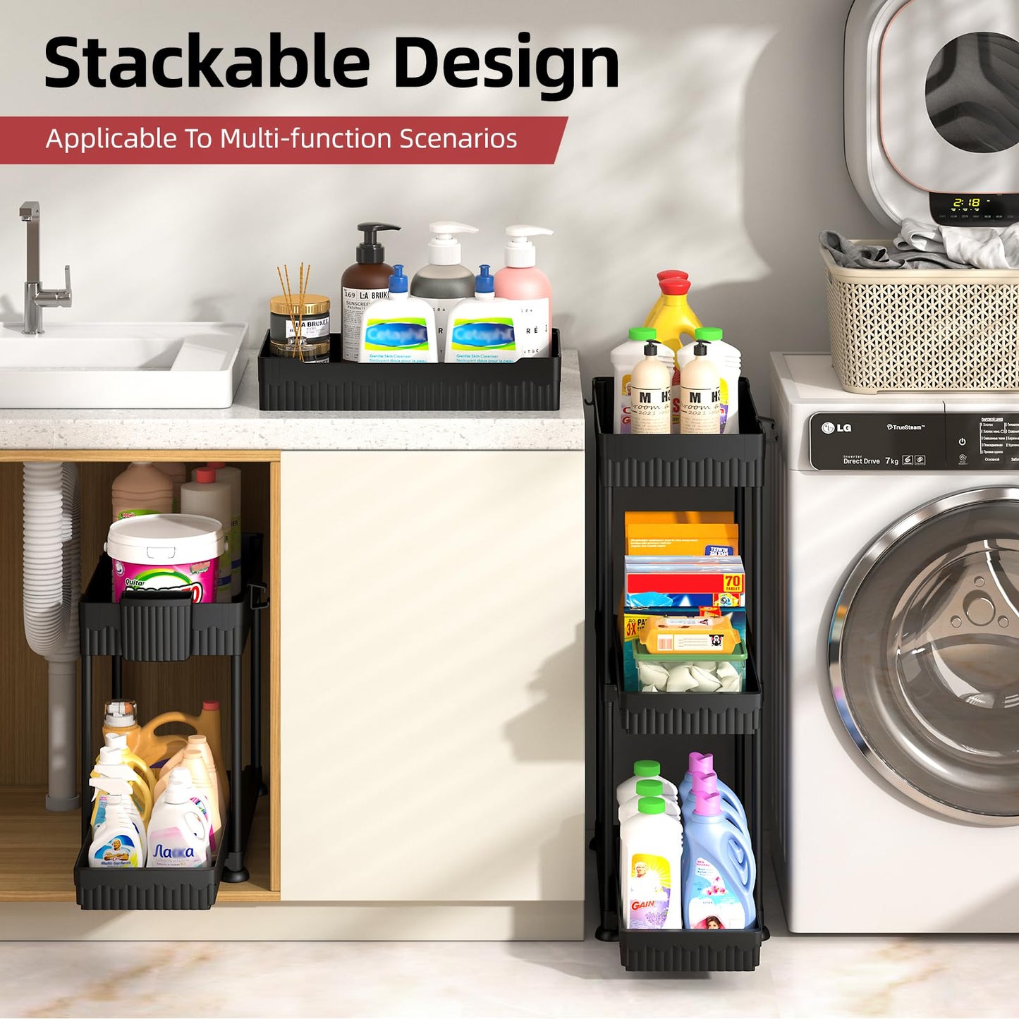 Sevenblue 4 Pack Under Sink Organizer, Bathroom Organizers and Storage, 2 Tier Multi-Use Pull Out Cabinet Organizer with Hang Hooks and Cups (Black, 4 Pack)