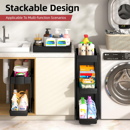 Sevenblue 4 Pack Under Sink Organizer, Bathroom Organizers and Storage, 2 Tier Multi-Use Pull Out Cabinet Organizer with Hang Hooks and Cups (Black, 4 Pack)