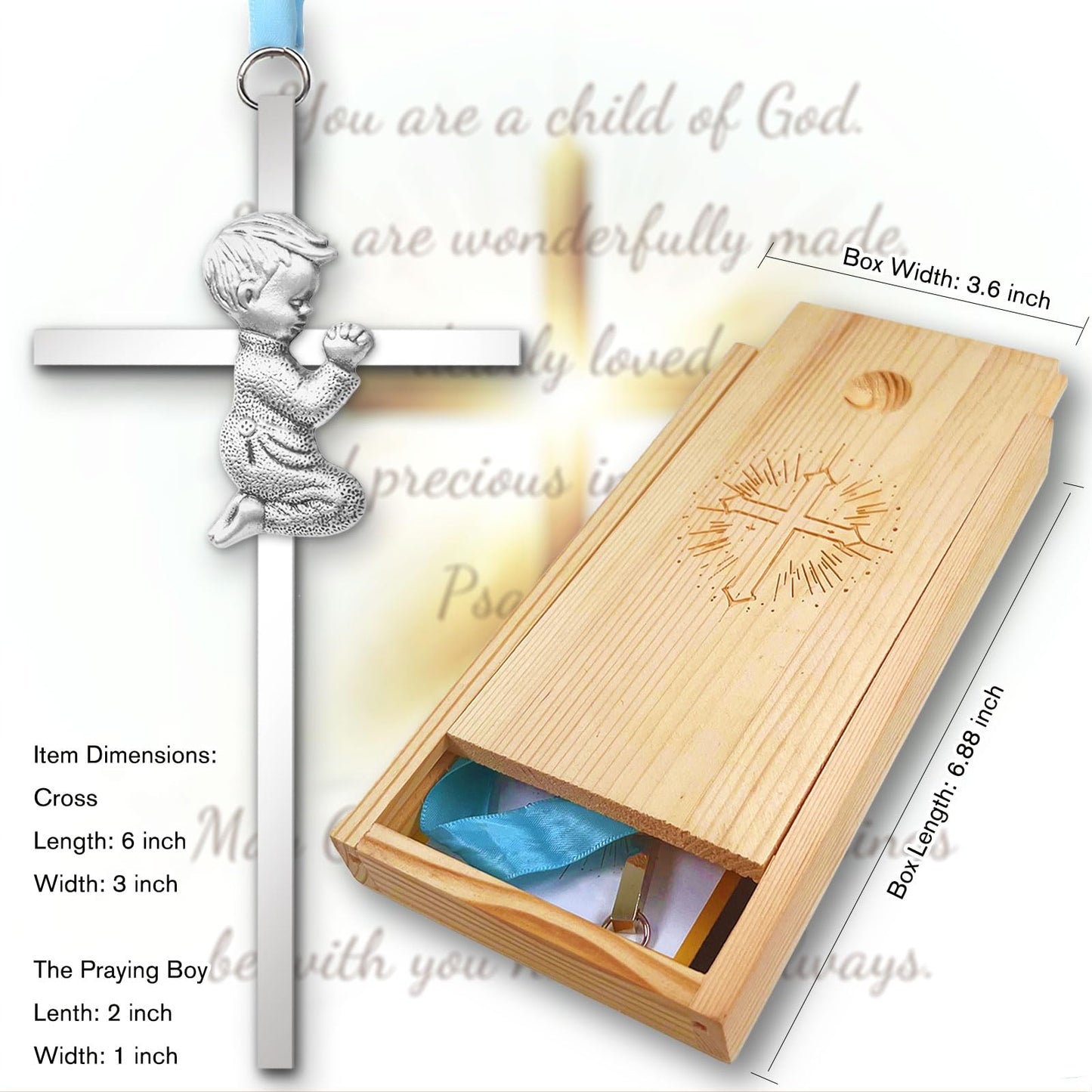 Baptism Gifts for Boys & Girls,First Communion Gifts for Kids,Christening Baby Shower Party 6in Praying Cross (1pc Silver Boy with Wooden Box)