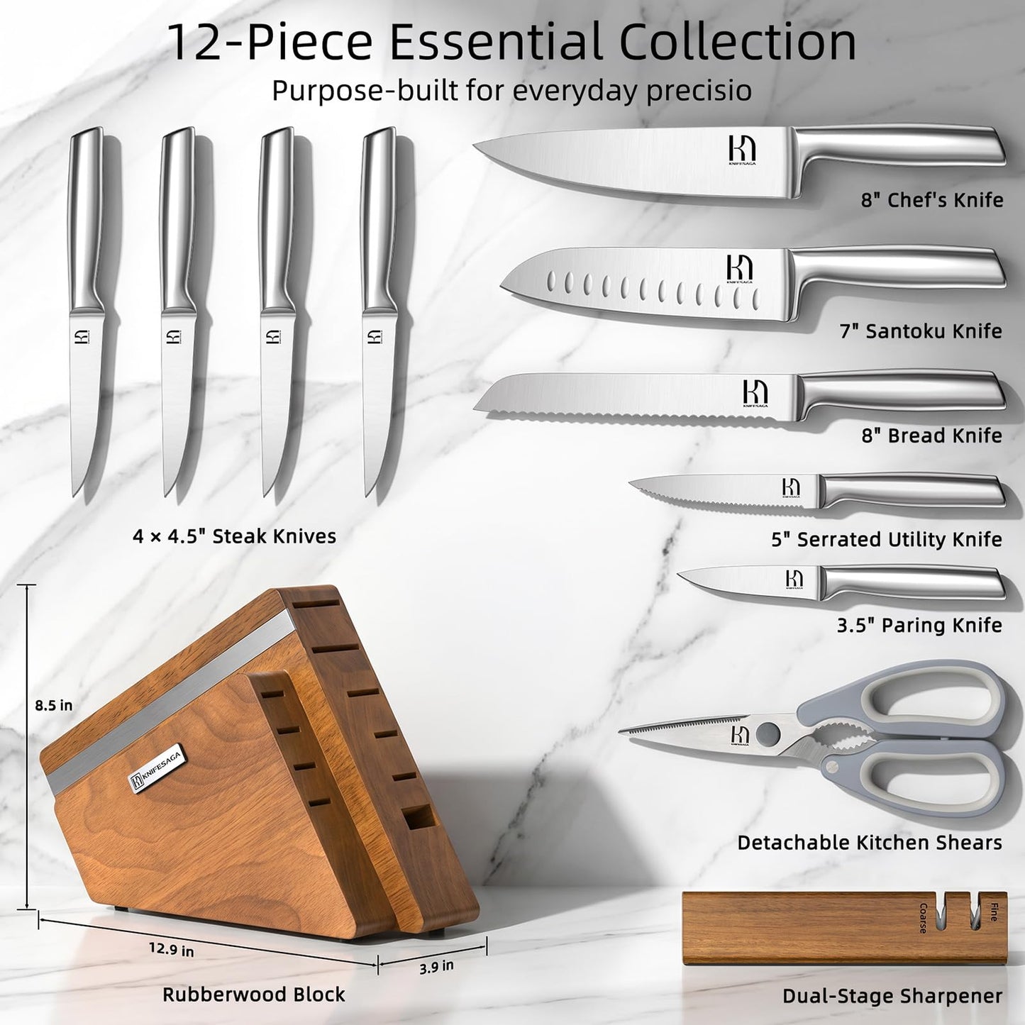 KnifeSaga Kitchen Knife Set with Block and Sharpener | 12-Piece Premium High Carbon Stainless Steel Knife Block Set, Ergonomic Anti-Slip Handle, Rubberwood Knife Block