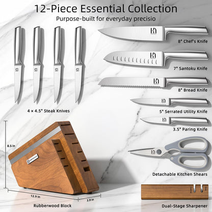 KnifeSaga Kitchen Knife Set with Block and Sharpener | 12-Piece Premium High Carbon Stainless Steel Knife Block Set, Ergonomic Anti-Slip Handle, Rubberwood Knife Block