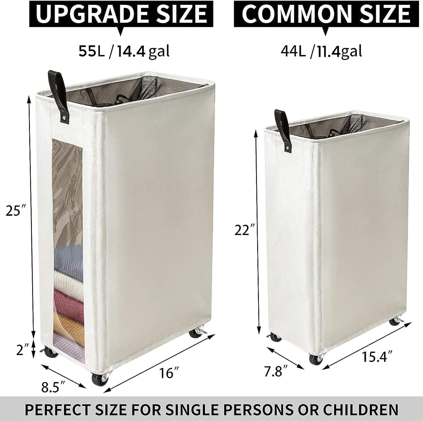 ZERO JET LAG 25 Inches Slim Laundry Storage Hamper - Large Rolling Clothes Bin with Clear Window