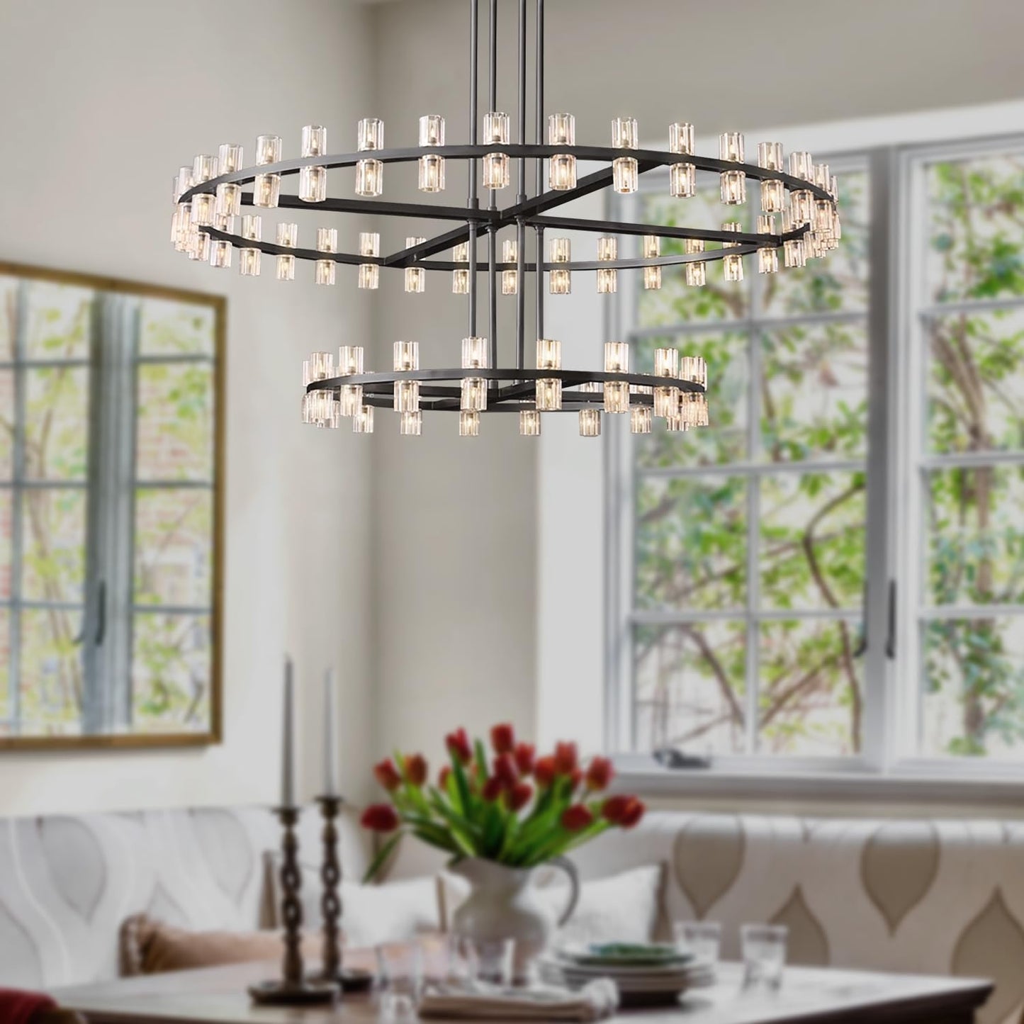 Shial Lighting D32''+D40'' Large Black Wagon Wheel Chandelier 72-Lights Black Round Chandeliers Glass Chandeliers for Dining Room,Living Room Vintage Chandelier