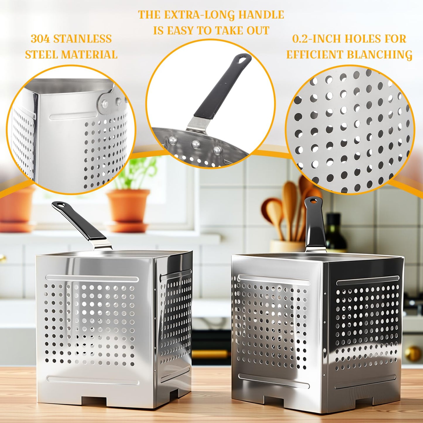 LemonRoad 2 Pack 5 Qt Stainless Steel Pasta Strainer Baskets Inserts Quarter Strainer Basket Skimmer with PVC Handles for 20 Qt. Pasta Cooker Pot for Boiling Noodle Blanching Vegetables Seafood
