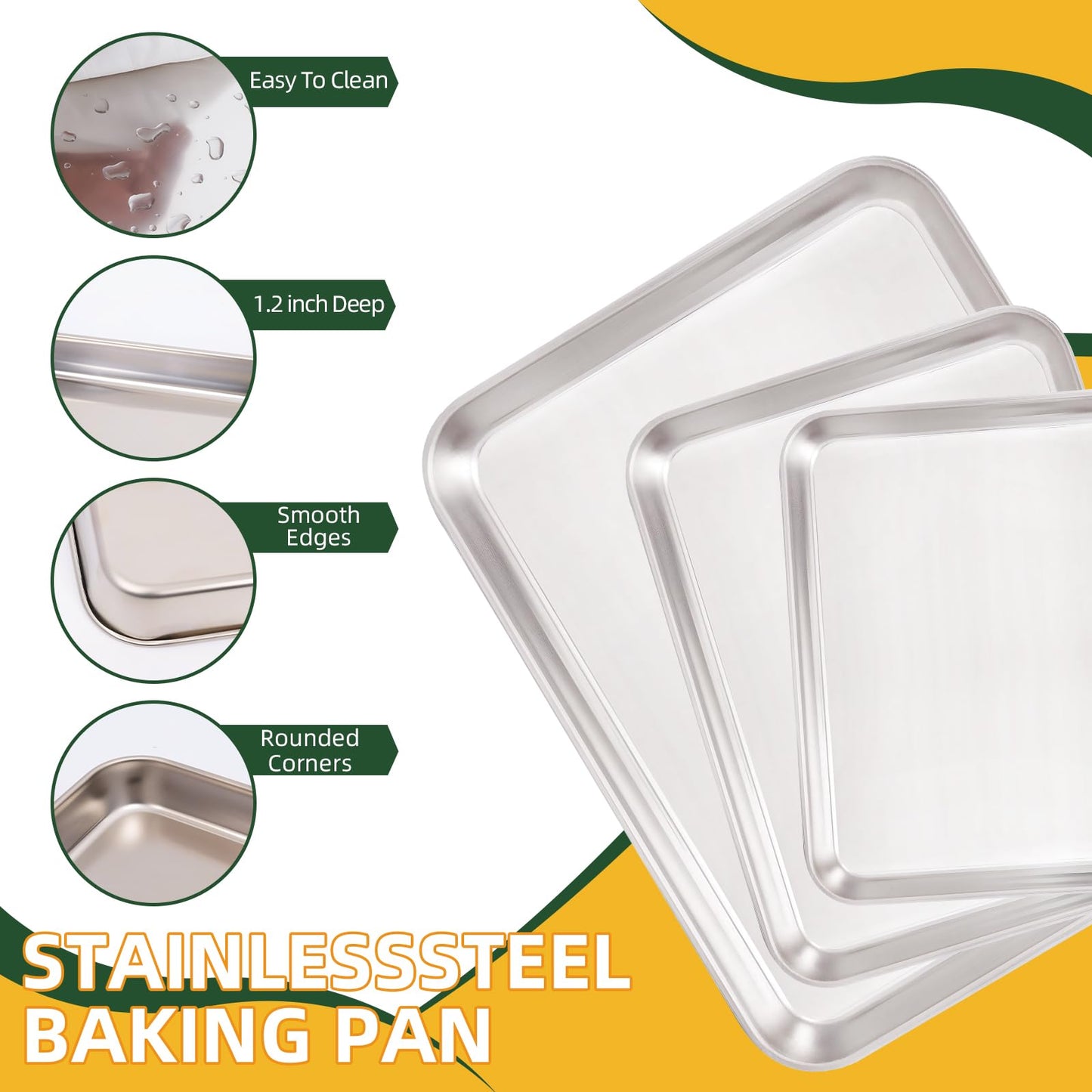 4-Piece Baking Sheet Set with Cooling Rack, Stainless Steel Cookie Sheets & Baking Pans Set, Non-Stick Cookie Trays for Oven Roasting & Food Prep, BPA-Free 10/12/16 Inch