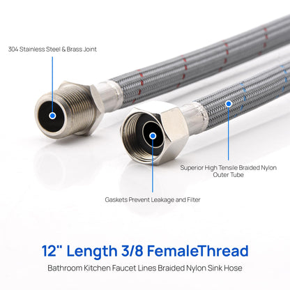 J-HVA Faucet Supply Lines Length 12" x G 3/8 Female Thread Connector Braided Nylon Extension Hoses for Bathroom Kitchen Sink Faucet Hose Filter, Stainless Steel Nut (1 Pair)