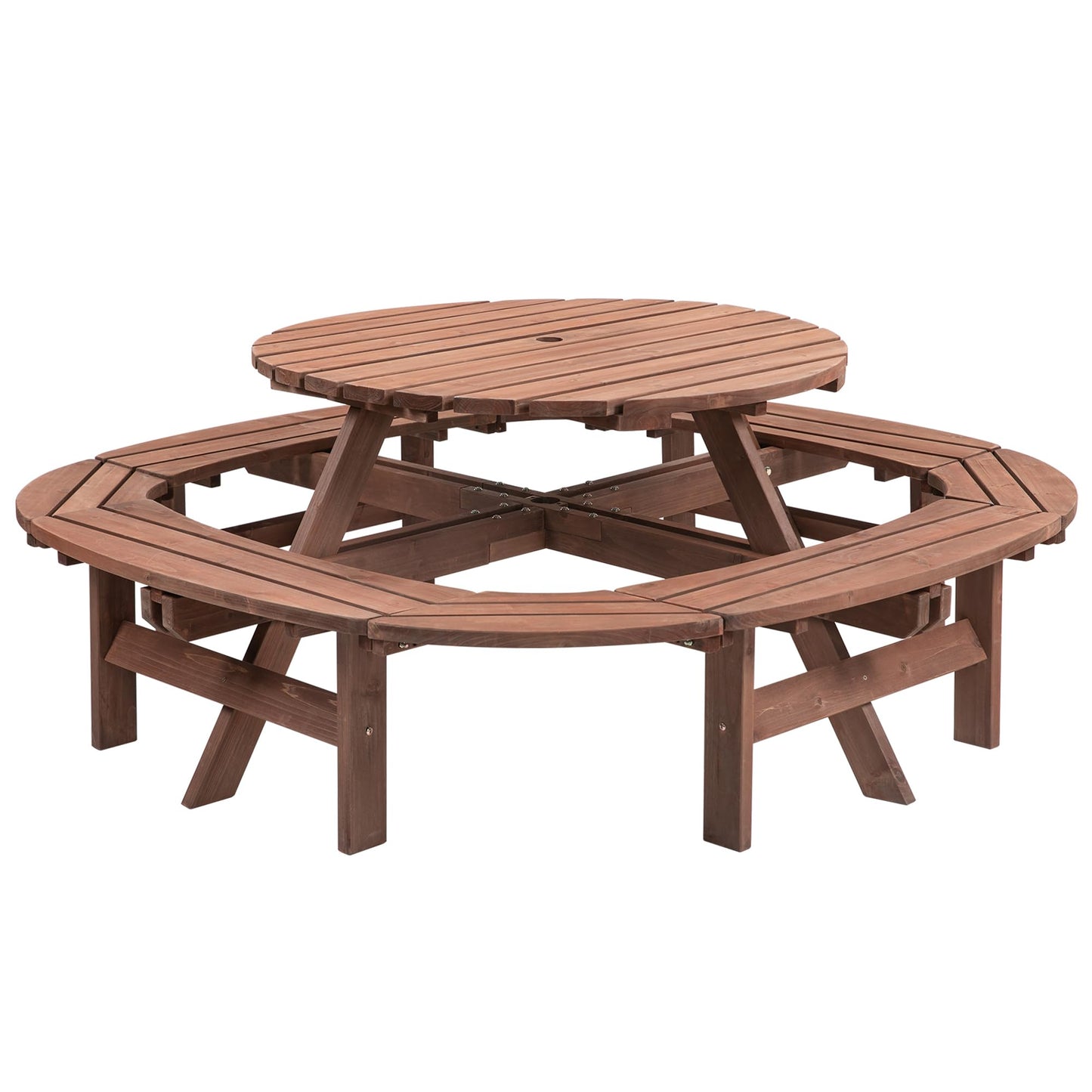 10-12 Person Round Outdoor Wooden Picnic Table with 1.97" Umbrella Hole, 70 Inch Heavy Duty Circular Backyard Patio Garden Table for Large Family Gathering, Rustic Fir Wood Dining Set, Walnut Brown