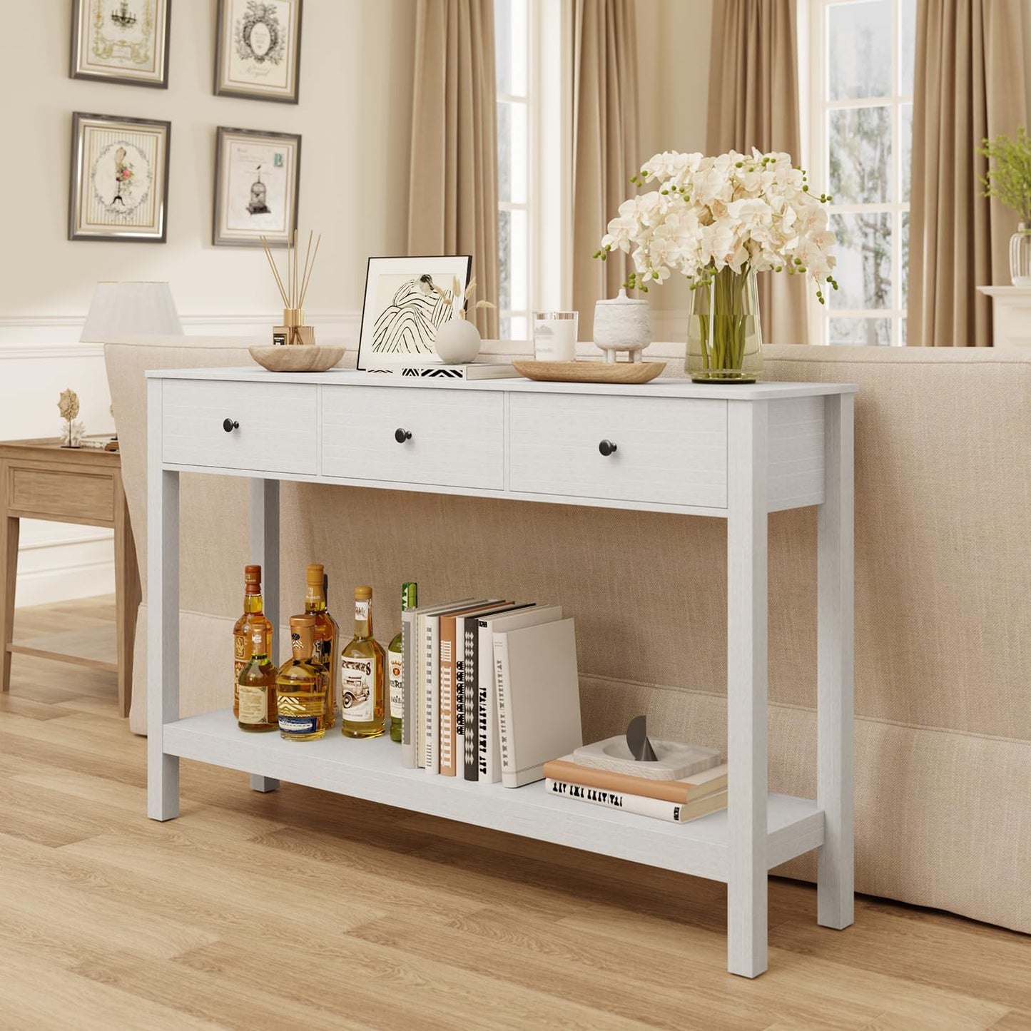 Gizoon Sofa Table with Drawers, Modern Accent Console Table with Open Shelf, Large Storage Space, for Living Room, Front Hall, Entrance Hall, Study Room, White