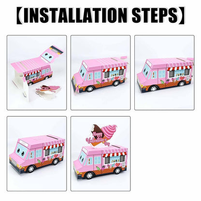 RINDOJIN Valentines Day Cards for Kids 3D Pink Ice Cream Truck Valentine Mailbox for Kids Classroom School Boys Girls Party Truck Valentines Day Card Box with 35 Ice Cream Valentine Cards