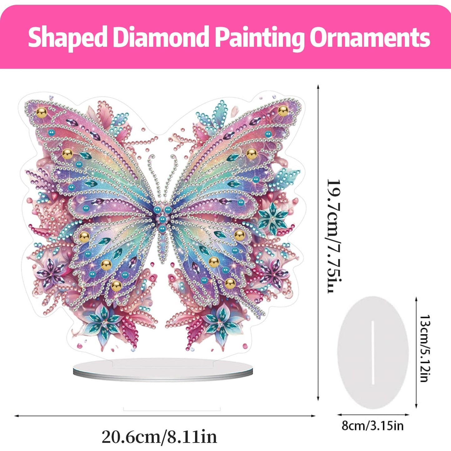 ACSAUMMY 5D Diamond Art Kits for Adults, Diamond Art Painting Desktop DIY Diamond Art Tabletop Pink Butterfly Diamond Arts and Crafts for Kids Adults Stand Up Gem Painting Kit for Decoration