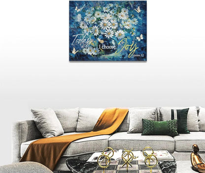 Farmhouse Navy Blue Daisy Flower Decor, Rustic Floral Butterfly Wall Art Canvas Painting Prints for Bathroom Bedroom