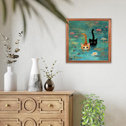 RLTXBUK Whimsical Black Orange Cat Diamond Art Kits, Monet Inspired Water Lilies Kitten Gem Diamond Painting Art Kits for Adults Beginners, Cat Mom Lovers Lady Gifts for Women 11.8x11.8 Inch