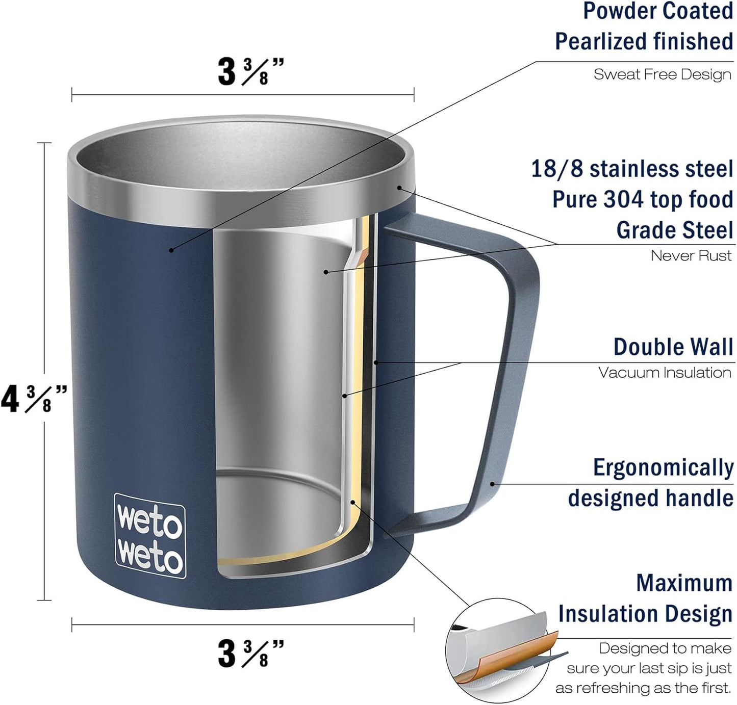 14 oz WETOWETO Coffee Mug, Vacuum Insulated Camping Mug with Lid, Double Wall Stainless Steel Travel Tumbler Cup