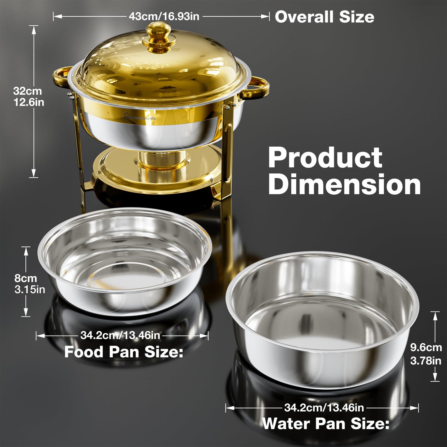 WARMOUNTS 6.5QT Gold Chafing Dishes for Buffet 6 Pack, Stainless Steel Round Chafers and Buffet Warmers Sets with Lid Holder, Rolled Rim Process, Stackable Design, for Catering, Parties, Weddings